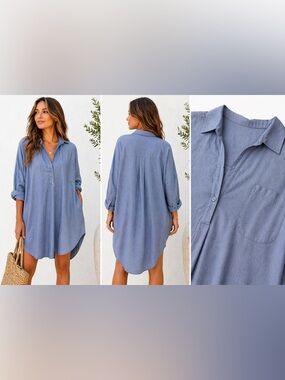 Risen Linen Blend Shirt Dress Blue Oversized Tunic Collared NWT Small